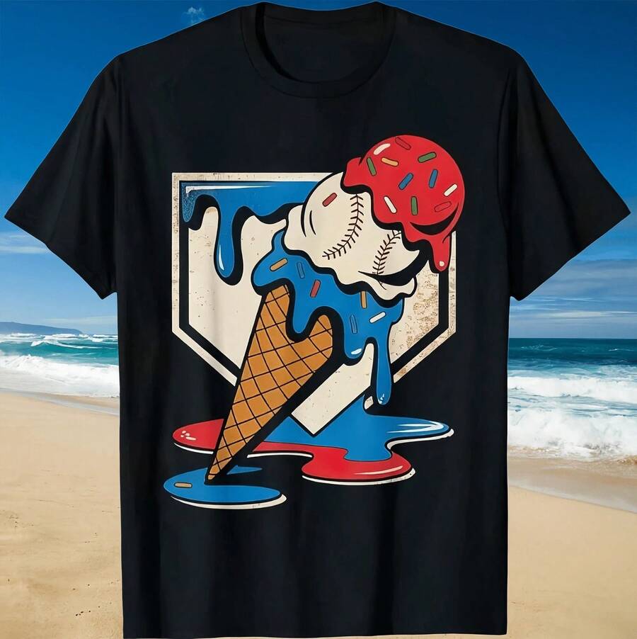 Camiseta con diseño de helado de béisbol en efecto desgastado - Negro - Ver 1