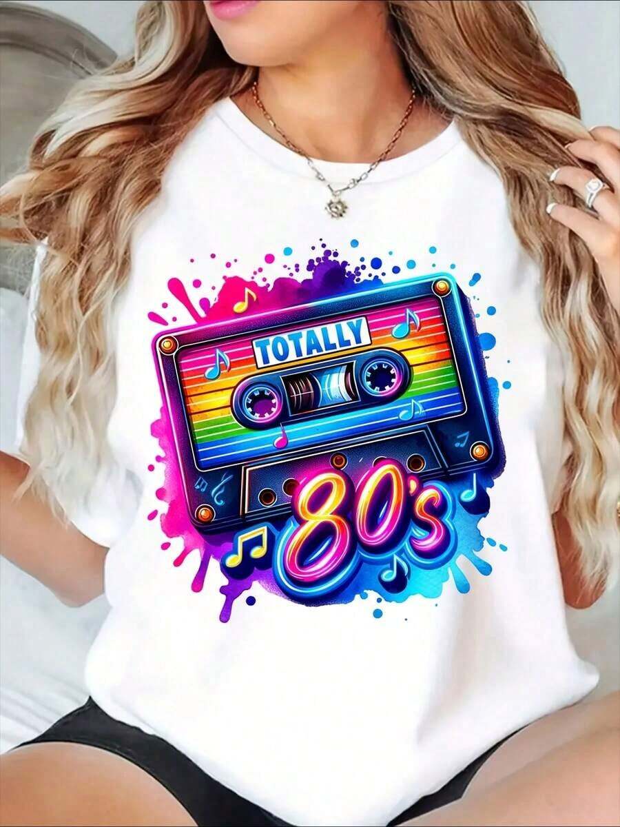 Retro 80s Cassette Music Theme Graphic T-Shirt, Vintage Style, Ideal For Parties, Makes A Perfect Gift For Friends And Family On Any Holiday Or Special Occasion, Fashionable Summer Cotton T-Shirt - 白色 - 查看 1