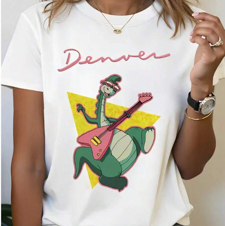 Women's Vintage Denver Last Dinosaur T-Shirt, 90s Retro Style, Cartoon Graphics, Casual, Short Sleeve, Summer, Retro Urban Style, Unisex, Loose Fit, Cotton, Round Neck. - 白色 - 查看 1