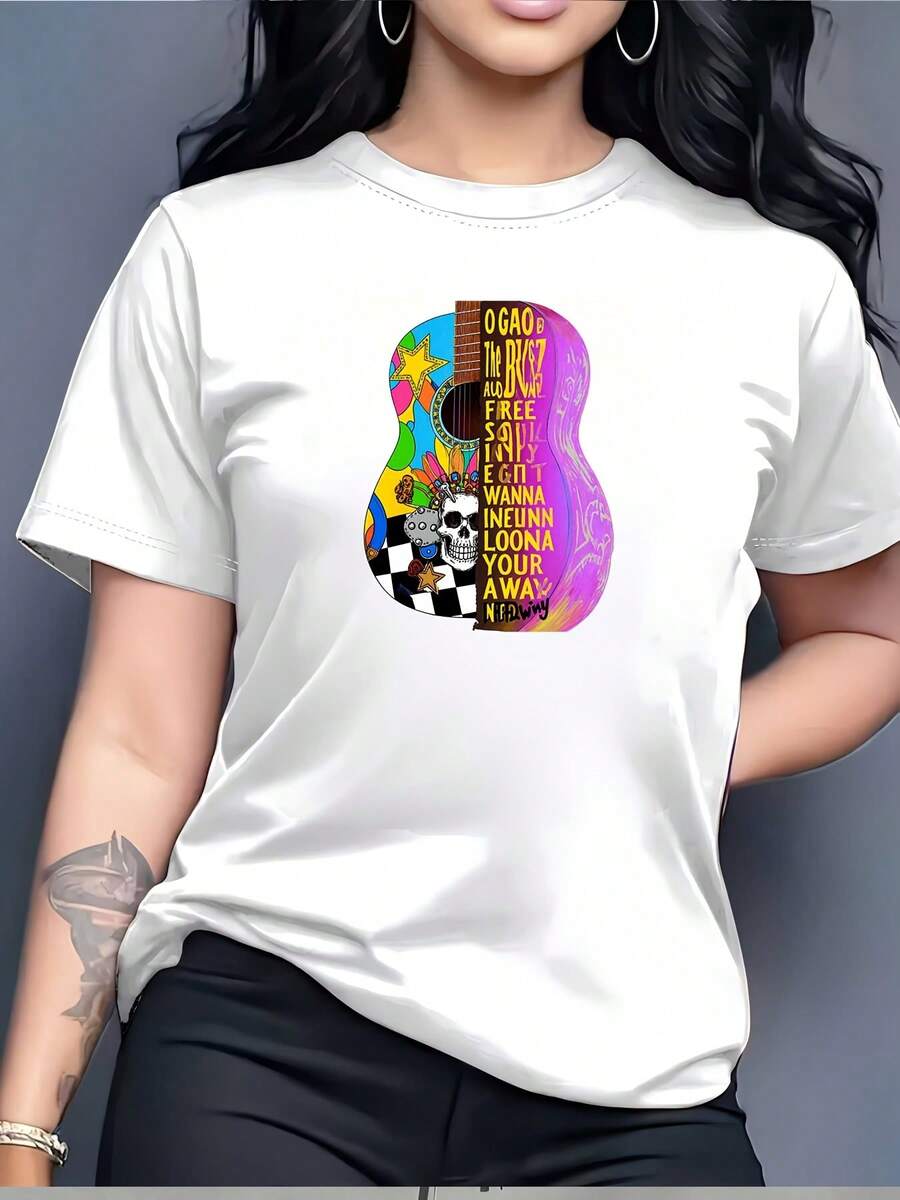 Suave180G Skull Guitar Print T-Shirt For Women - Perfect Festival Wear, Summer Short Sleeve Tee, Ideal For Family Outings, Company Events, And Gift Giving - And Comfortable Women'S ClothingcuteNew Arrival - 白色 - 查看 1