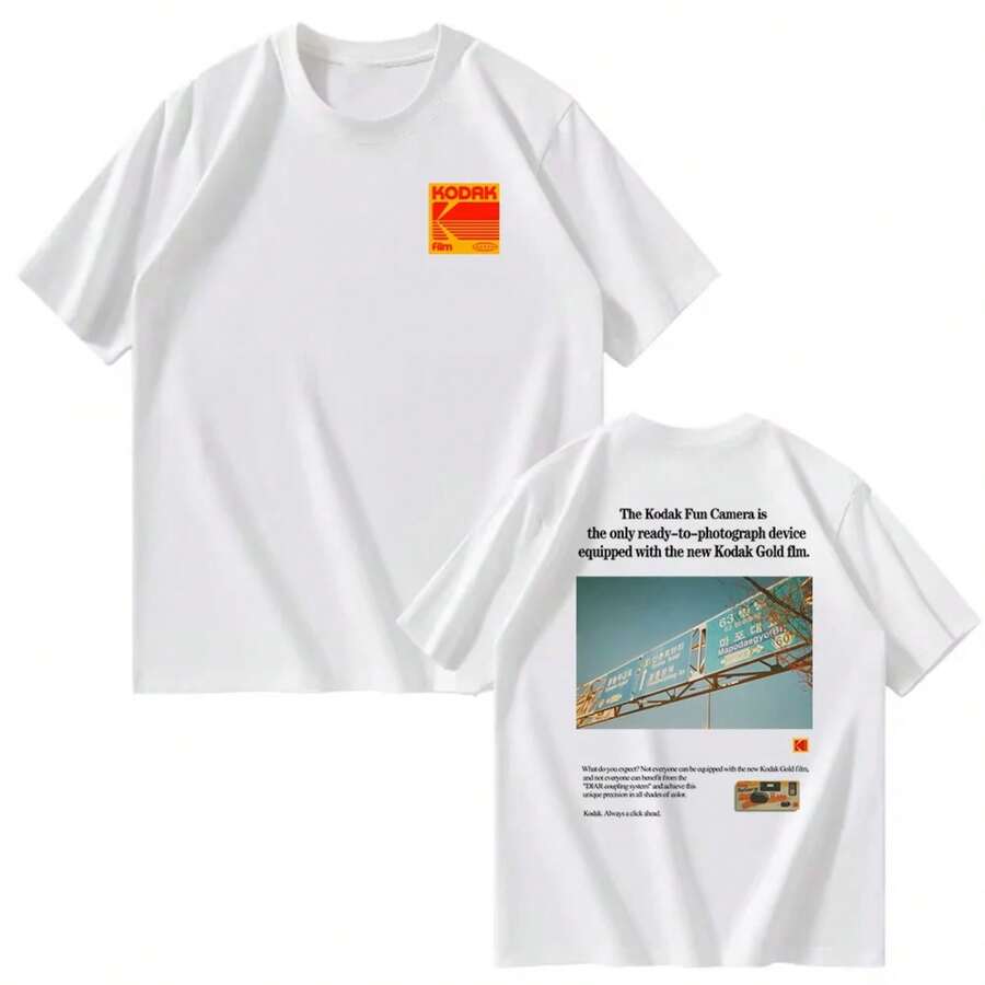 Kodaks Men's 100% Pure Cotton Photoshoot Print T-Shirt, Daily Outdoor Sports Tee, Breathable Sweat-Absorbent Short Sleeve Street Summer - 白色 - 查看 1