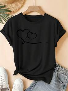 Primavera/Verano 2026, Nueva Camiseta de Manga Corta para Mujer con Cuello Redondo y Estampado de Doble Corazón, Estilo Vintage Desgastado, Top Casual, Tela Suave, Ropa de Alta Calidad para Mujer. |   Diseño Divertido y Peculiar |   Adecuado para uso diario en primavera, verano y otoño. |   Era Divertida - Negro - Ver 6
