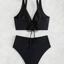 New Two-Piece Swimsuit, Sexy High-Waisted Bikini With Ruching And Solid Color. - FF879BK - 查看 5