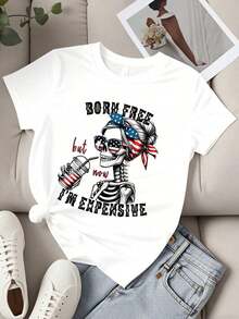 Women's Fashion T-Shirt With Skull And American Flag Print, With The Phrase "I Was Born Free But Now I'm Expensive", Graphic T-Shirt For Casual Wear And Patriotic Events, Cool Summer Clothes For Women - 白色 - 查看 4