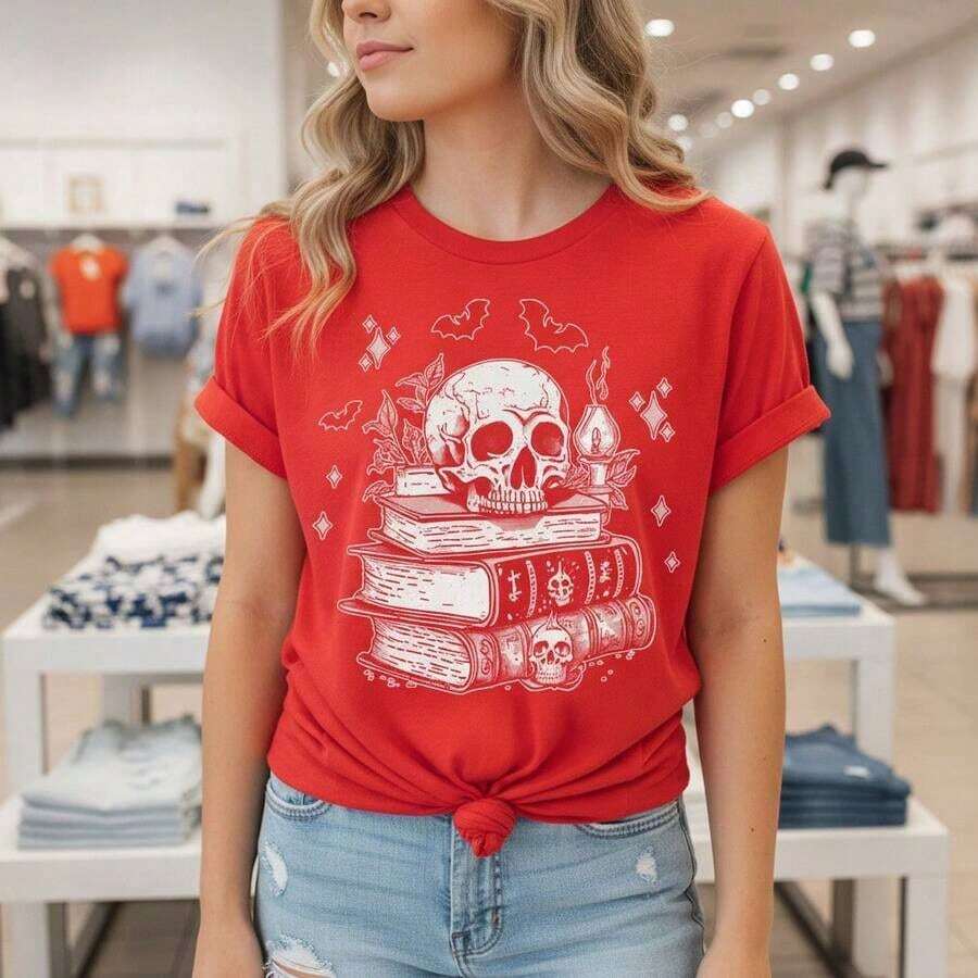 Women's Halloween Skull And Book Print Cotton T-Shirt, Short Sleeve, Round Neck, Casual Style, Loose Fit, Ideal For Parties, Various Sizes, White Gothic Style Print, Soft And Comfortable Blouse For Daily Wear. - 紅色 - 查看 1