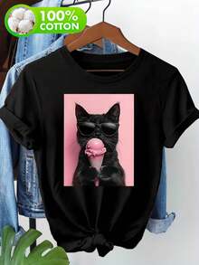 100% Baumwolle T-Shirt Damen Kurzarm Rundhals Katze Kaugummi Lustige Tier Grafik - Schwarz - Übersicht 1