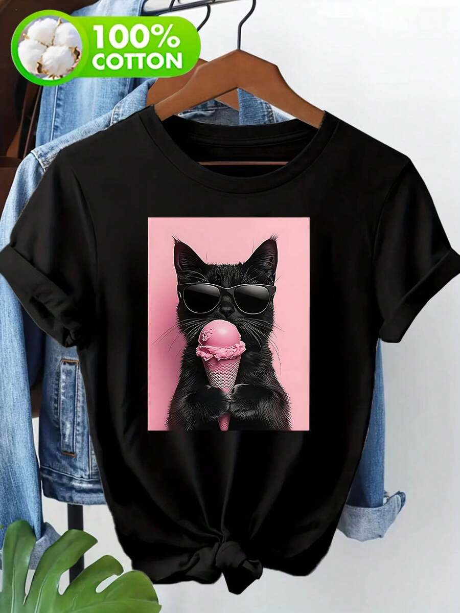 100% Baumwolle T-Shirt Damen Kurzarm Rundhals Katze Kaugummi Lustige Tier Grafik - Schwarz - Übersicht 1