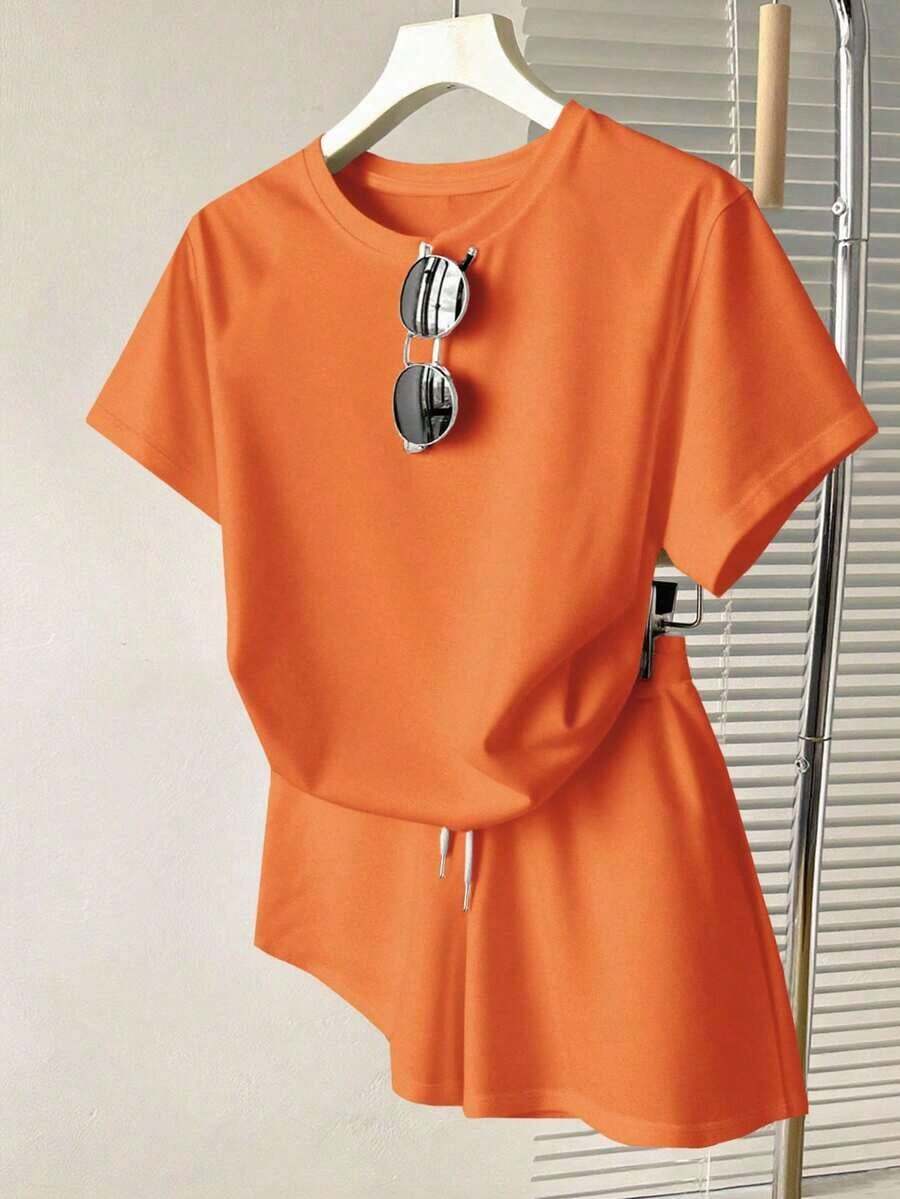 Conjunto casual diario de top de manga corta de cuello redondo de unicolor y shorts con cordón en la cintura para mujer - Naranja - Ver 1