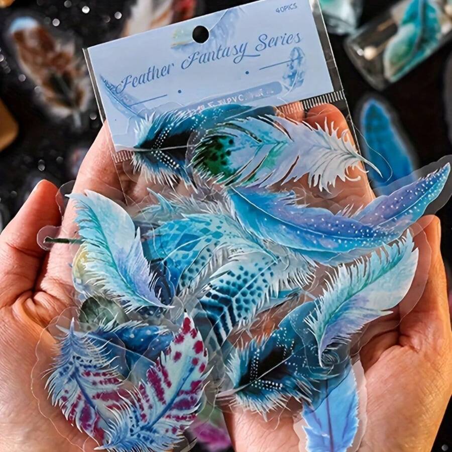 Express Your Style: 40 Bright Blue Feather Sticker Set With Glitter Texture, Perfect For Laptops, Water Bottles, Etc - Blue Feather 40pcs - View 1