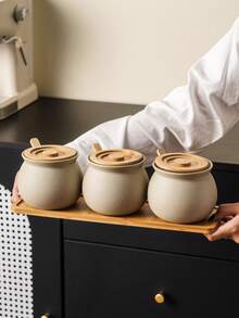 WGROOM 7件套（1个托盘、3个罐子、3个勺子）陶瓷糖罐、糖果罐、食品储物罐、密封罐套装，适用于客厅、餐厅、厨房的装饰罐，可存放谷物、糖果、饼干、面包、盐、胡椒粉、调味料等，是居家、聚会、餐厅、露营、野餐、婚礼庆典等场合的理想之选。 - 彩色 - 查看 4