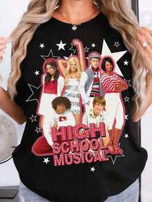 Women's Blouses, 100% Cotton, High School Musical The Series Vintage Group Short Shirt, East High School Tee. Fashionable Casual T-Shirt With Creative Print For Women, Short Sleeve, Round Neck, For Summer. T-Shirt Women Festive Celebration Shirt Party Wear Topeurmuse - 黑色 - 查看 7