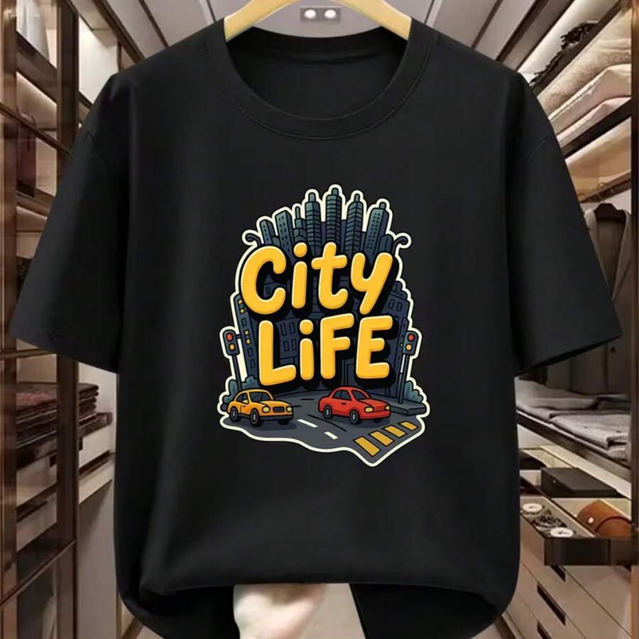 Camiseta estampada, algodón puro, cuello redondo, camisa de moda neutral, creativa, blusa casual de verano para hombres y mujeres, camiseta suave y cómoda, - Negro - Ver 1