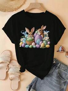 1 Piece Women's T-Shirt With Easter Bunny Embroidery, Colorful Eggs And Spring Flowers, Cotton Style, High Quality Fabric, Soft And Comfortable For Outdoor Use, Home Or Workouts, Perfect Gift Option, 180g 100% Cotton. - 黑色 - 查看 2