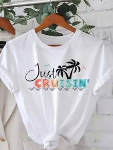 Camiseta de talla grande suave, con estampado de cocotero, de manga corta y cuello redondo, transpirable para el verano, para mujer, camisetas gráficas, tops de verano, camiseta casual, camisetas de verano, blusas elegantes para dama. - Blanco - Ver 1