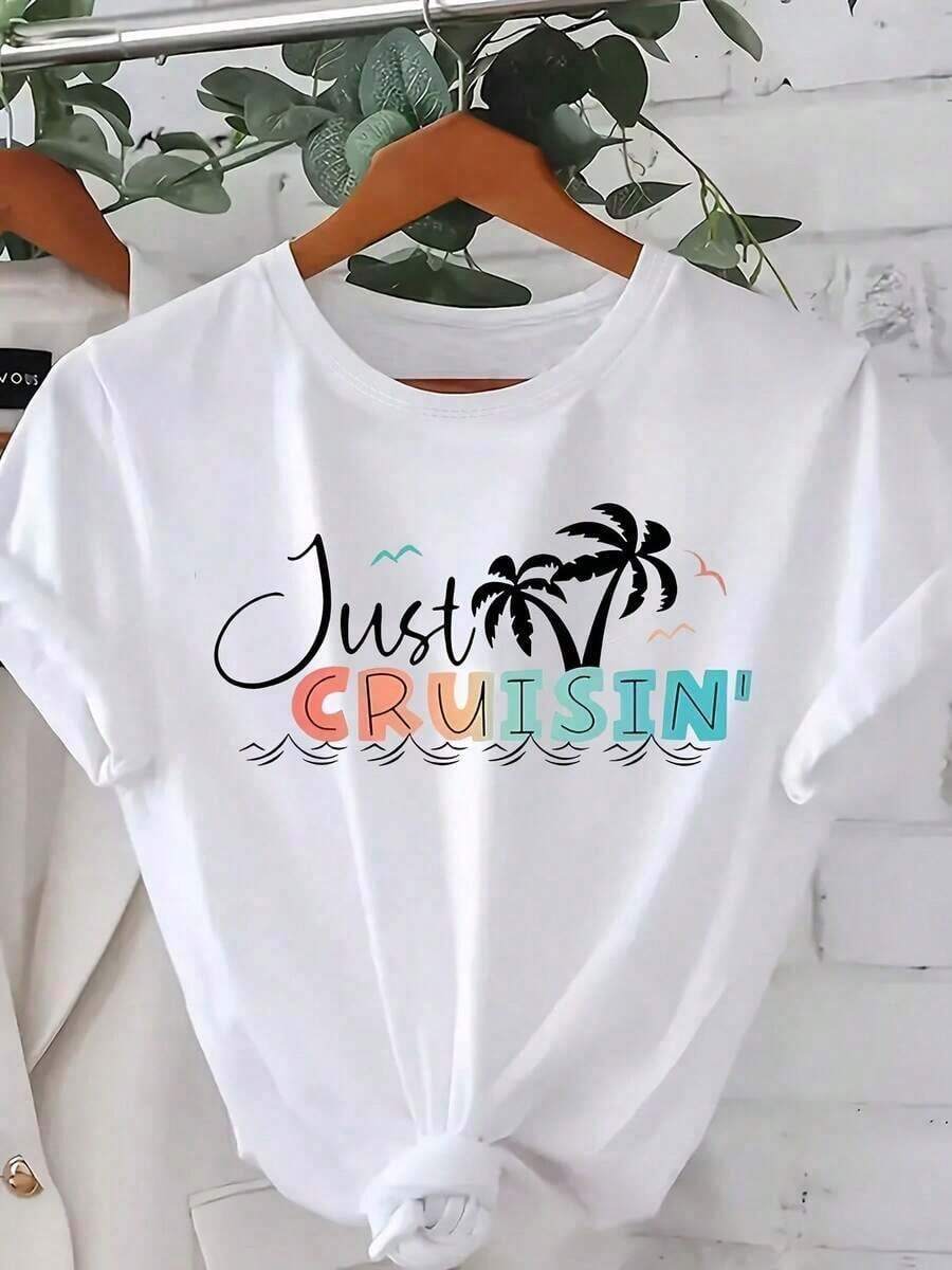 Camiseta de talla grande suave, con estampado de cocotero, de manga corta y cuello redondo, transpirable para el verano, para mujer, camisetas gráficas, tops de verano, camiseta casual, camisetas de verano, blusas elegantes para dama. - Blanco - Ver 1