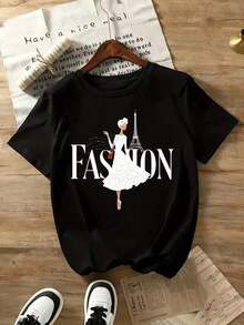 Camiseta de manga corta para mujer,% algodón, con estampado divertido, cuello redondo, camiseta de moda con la Torre de París, camiseta de manga corta informal para mujer, camiseta gráfica negra, adecuada para eventos deportivos, fiestas, salidas, deportes y otros regalos navideños. - Negro - Ver 4
