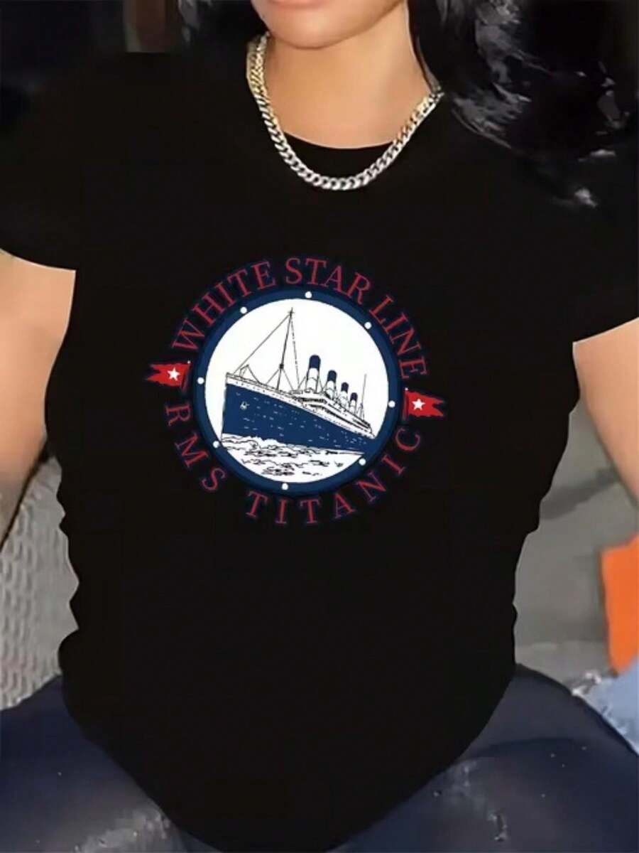 Women's Plus Size Summer Short-Sleeved T-Shirt With Round Neck, Breathable And Printed, Featuring The White Star Cruise Line Emblem, Suitable For All Seasons, Simple, For Holiday Gifts, Everyday Wear, Very Suitable For Cool Summer. - 黑色 - 查看 1