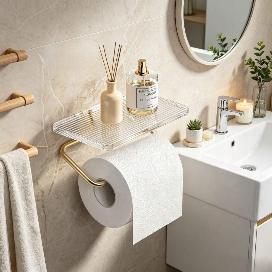 1 Giá đỡ giấy vệ sinh bằng acrylic trong suốt kèm giá để điện thoại, giá đựng giấy vệ sinh treo tường, thích hợp cho nhà bếp, phòng vệ sinh, phòng tắm, có thể cố định bằng keo dán hoặc vít.