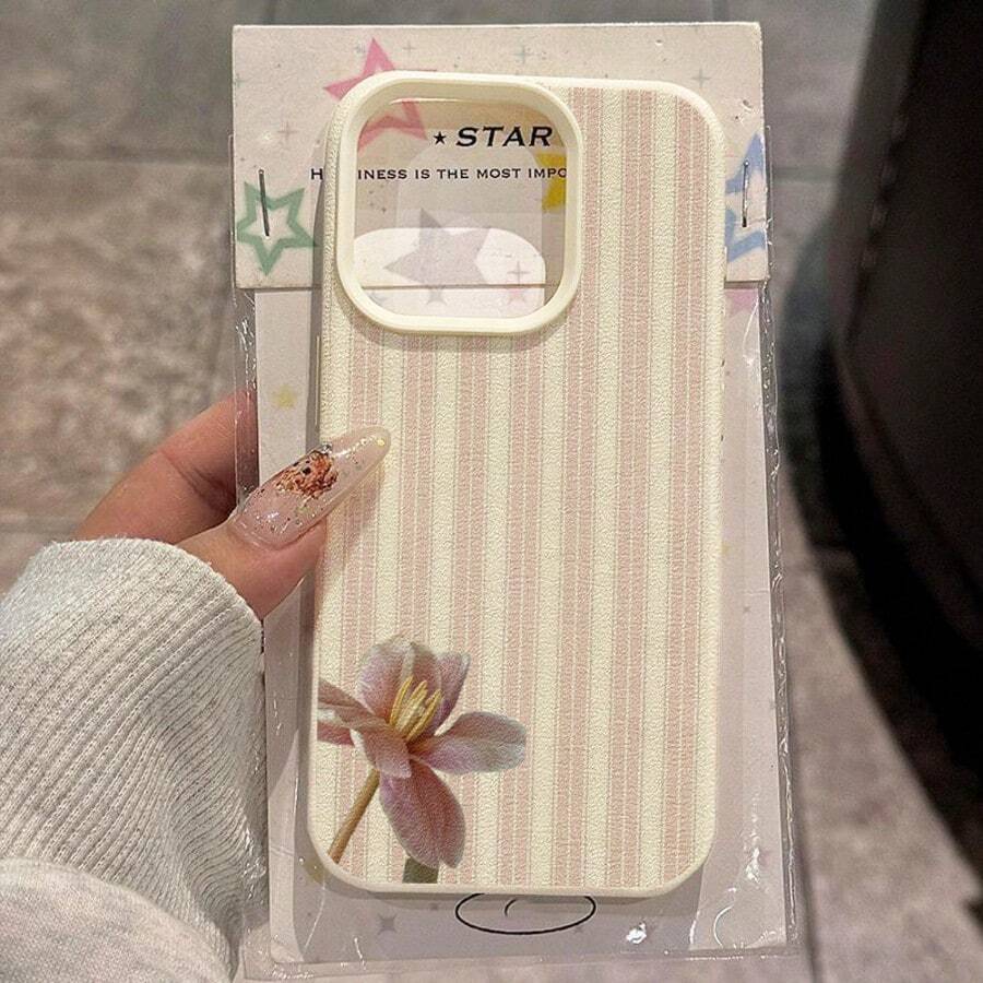 1pc TPU Material Soft Tulip Striped Pattern Phone Case Compatible With IPhone 17 Pro Max/17/16 Pro Max/15/13/12/11, S20 FE/A15/S24/A55, Note 11/Note 12/Note 13 Pro, Full Coverage Anti-Drop Soft Protective Phone Cover - White - View 1