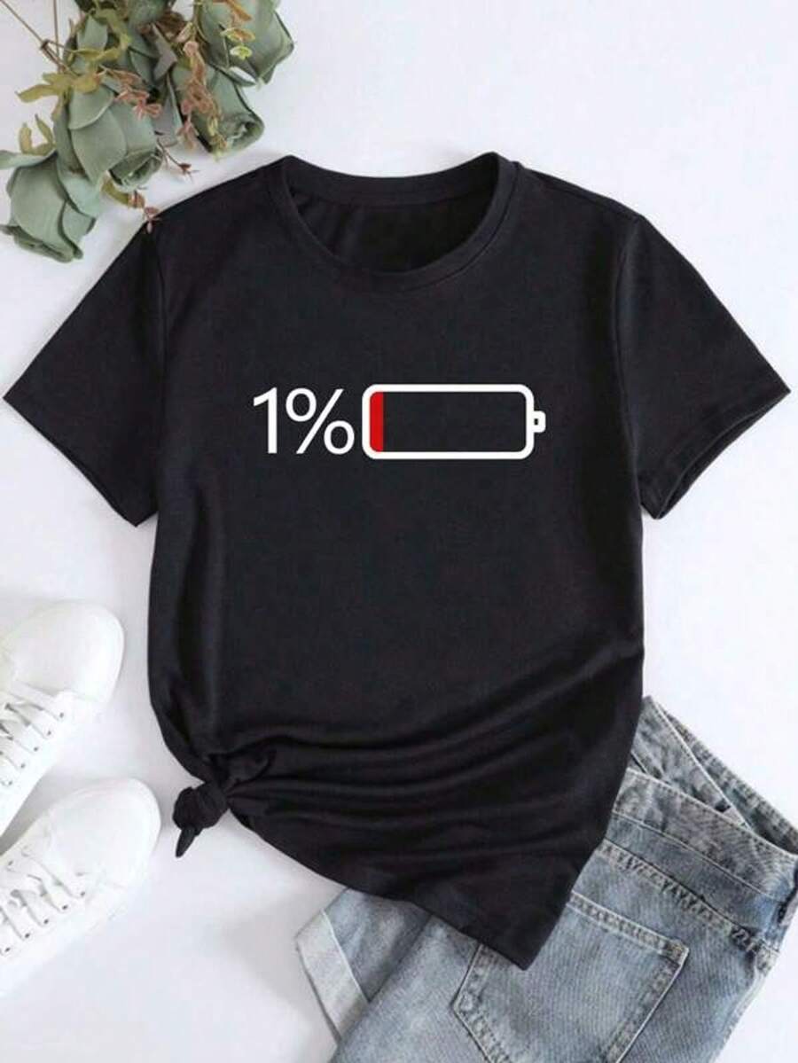 Women's Short-Sleeved T-Shirt, Women's Blouses, With Creative 1% Battery Print, Loose Fit, Suitable For All Seasons And Everyday Wear - 黑色 - 查看 1