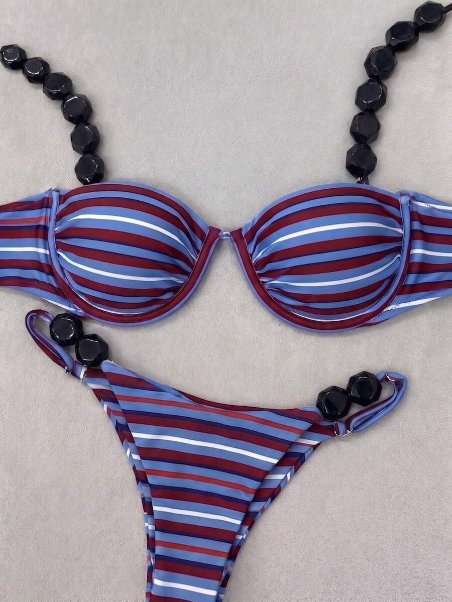 Polovedo Official Bikini Nữ Gợi Cảm Phong Cách Châu Âu Mỹ Hè Đi Biển Họa Tiết Kẻ Sọc Đính Hạt Dây Đeo Đồ Bơi Nghỉ Dưỡng - Nhiều màu - Xem 1
