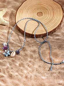 2pcs Summer Ocean Style Shell & Starfish Ceramic Pendant Necklace, Bohemian Vacation Necklace - Multicolor - View 9
