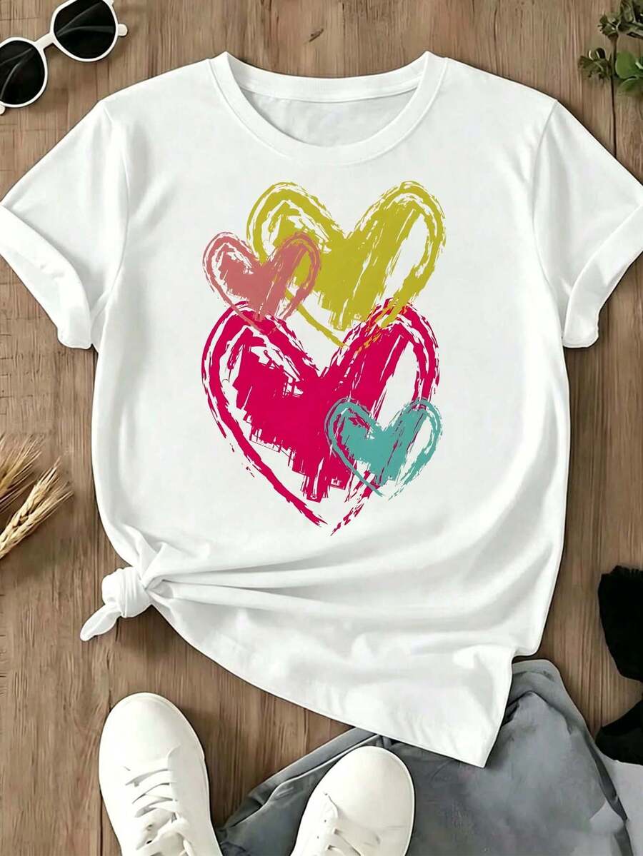 Women's White T-Shirt With Colorful Graffiti-Style Heart Print, Casual Short-Sleeve Crew Neck T-Shirt, Loose Blouse With Romantic Design For Summer, Everyday Wear, And Casual Outfits - 白色 - 查看 1