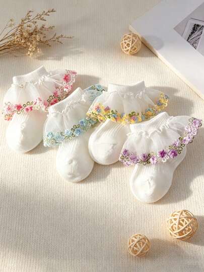 4 Pairs Baby Girls' White Ruffled Lace Socks, Pink Embroidered Floral Lace Trim Socks, Breathable Mesh Princess Socks, Suitable For Daily Wear, Travel, Back To School