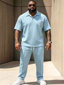 Plus Size Men's Set, Summer Short Sleeve Top And Pants 2-Piece Set, Plus Size Men's Solid Color T-Shirt Set - Baby Blue - View 6