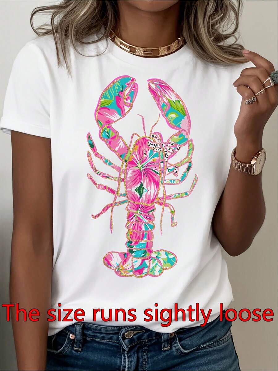 Women's Casual Sports T-Shirt With Colorful Lobster Graphic - Elastic Crew Neck T-Shirt, Loose Fit Design, Machine Washable And Suitable For All Seasons, Comfort And Style For Everyday Wear. - White - View 1