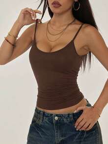 PETITE Camisola sin Mangas con Bajo Arrugado para Mujer, Estilo Casual, Color Sólido - Café integral - Ver 5