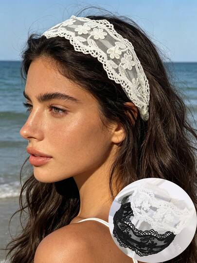 1pc/2pcs Lace Flower Headband, Casual Versatile Solid Color For Beach Holiday