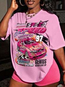 Camiseta de mujer con estampado de carreras - Diseño retro Y2K de carreras con texto de velocidad - Parte superior suelta y no transparente, adecuada para motociclismo y uso diario en la calle - Ropa de mujer para primavera y verano, camiseta de manga corta, camisa de estampado brillante, suelta y cómoda - Multicolor - Ver 12