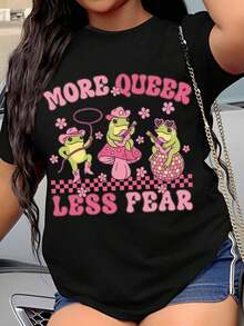 Women's T-Shirt, Frog Graphic Tee 'More Queer, Less Fear', LGBTQ Pride Statement Tee, Plus Size Tee, Summer Fashion Top, Casual Women's Clothing. - 黑色 - 查看 1