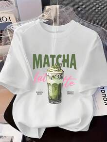 Women's Short-Sleeved T-Shirt With A Matcha Latte Design, A New Summer Style, Loose And Comfortable, A Modern Round-Neck Top For Ladies. Featuring A Matcha Latte Drink Illustration, Available In Multiple Colors, Casual And Versatile, Perfect For Lovers Of Fresh And Artistic Desserts. - 白色 - 查看 1
