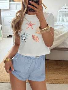 Conjunto casual de 2 piezas de mujer con camiseta de manga corta con cuello redondo y estampado de estrellas de mar, y shorts a rayas en azul marino - Azul y blanco - Ver 1