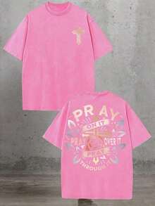 Golden Cross Floral Pray On It Vintage Oversized Graphic Tee, Religious Summer Top For Unisex - 玫紅色 - 查看 6