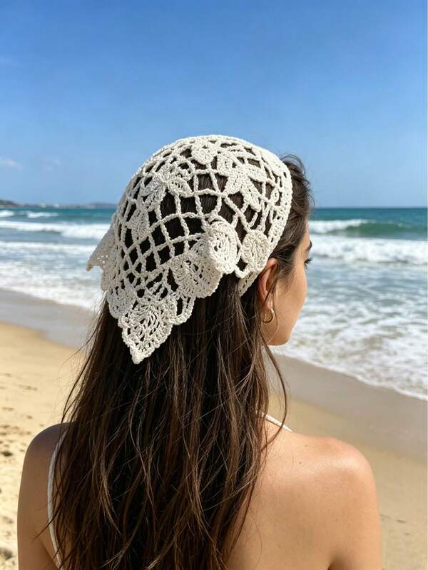 1pc Fashionable Hollow-Out Flower Triangle Scarf Headband Hair Accessory, Light Luxury, Elegant And Classic, Suitable For Daily Outings, Picnics, And Vacations, Women's Headscarf Hair Accessory