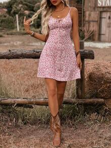 Vestido corto casual sin mangas con estampado floral pequeño para vacaciones y playa - Rosa - Ver 5
