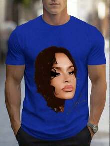 Women's Celebrity Portrait Print T-Shirt, Comfortable And Casual Short-Sleeved, High-Quality Cotton Print. 100% Cotton. Suitable For Casual And Versatile Wear In Spring, Summer, And Autumn. - 藍色的 - 查看 6