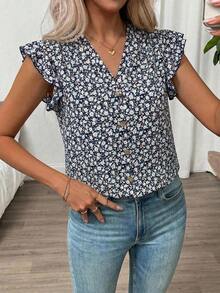 Clasi Blusa de mujer de verano con cuello en V y mangas cortas con estampado floral - azul real - Ver 2