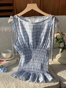 Blusa casual de mujer de algodón a cuadros naranja con tirantes tejidos y cordón en la cintura, blusa a cuadros naranja de verano, adecuada para el Día de San Valentín, el Carnaval, la playa, las vacaciones, el uso casual, la calle, la univers - Multicolor - Ver 3