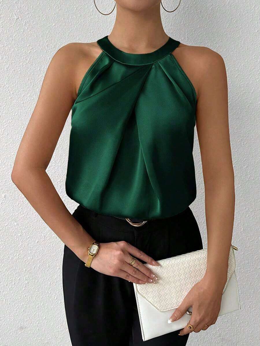 Privé Blusa de satén sin mangas con cuello de volantes de unicolor elegante para la oficina y el trabajo, color champán - Verde Oscuro - Ver 1