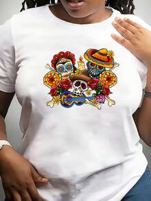 Women's Casual Short Sleeve T-Shirt - Day Of The Dead Skull, Hat And Maracas Print With Roses, Gray Crew Neck, Machine Washable Summer Top, Mexican T-Shirt - 白色 - 查看 6