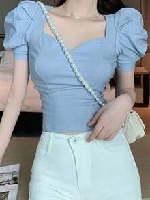Blusa de unicolor con cuello de corazón y mangas abullonadas, blusas de manga corta, tops de verano lindos para mujer - Azul - Ver 5