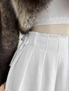 Minifalda de mezclilla con pliegues y deshilachados de moda para mujer - Blanco - Ver 8