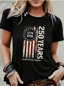 250th Anniversary T-Shirt With American Flag 1776-2026 250 Years Women's Regular Short Sleeve - Fun Cartoon Print, Round Neck Casual Versatile - Machine Washable Fashionable Women's Clothing Comfortable And Breathable Fabric, Simple And Clean Style, Everyday Versatile 100% Cotton Shirt, Elegant And Suitable For Parties. - 黑色 - 查看 5
