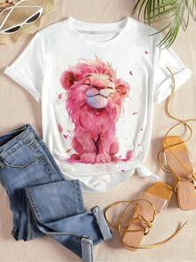 Women's Short Sleeve T-Shirt With Pink Watercolor Lion Print | Women's T-Shirt With Adorable Lion Print, Casual And Youthful Style - DZZ346 - 查看 3