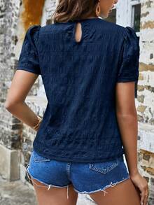Blusa de manga corta con textura sólida y mangas tipo farol  VCAY - Azul marino - Ver 2