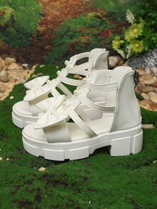 1 Pair Teenage Girls' White Thick-Sole Roman Style Princess Sandals, Solid Color Soft PU Woven + Shiny Pearl Bow Decor, Round Toe Open Toe Chunky Heel Comfortable Soft Bottom Non-Slip Rear Zipper Design, Fashion Sweet Princess Style Wedge Sandals, Suitable For Daily, School, Outing, Travel, Spring/Summer New Arrival - White - View 8